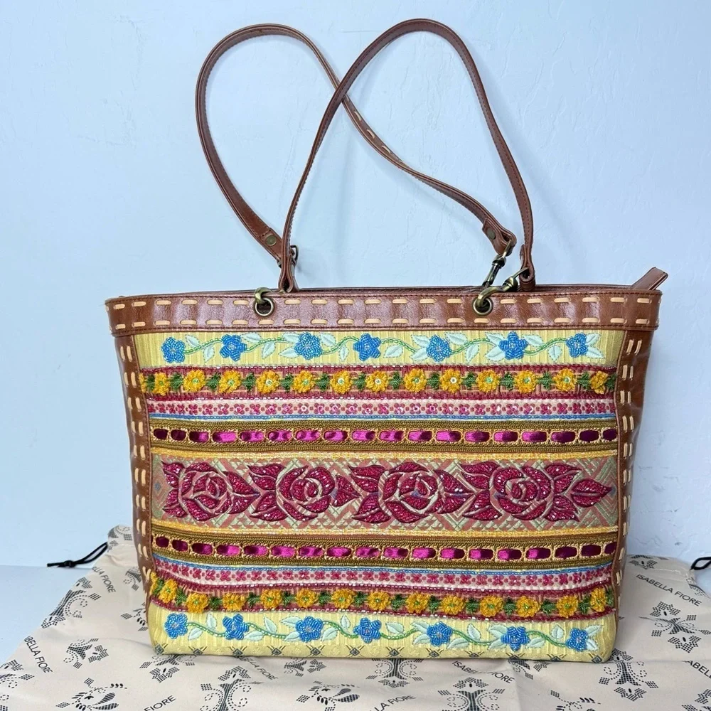 Isabella Fiore Limited Edition Beaded Embroidered Handmade Tote Leather Bag Rare